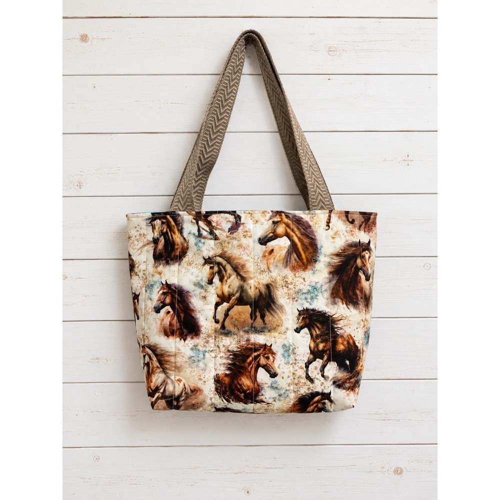 Quilted Horse Print Tote Bag Southwestern Lining Western, Horse Handmade Bag
